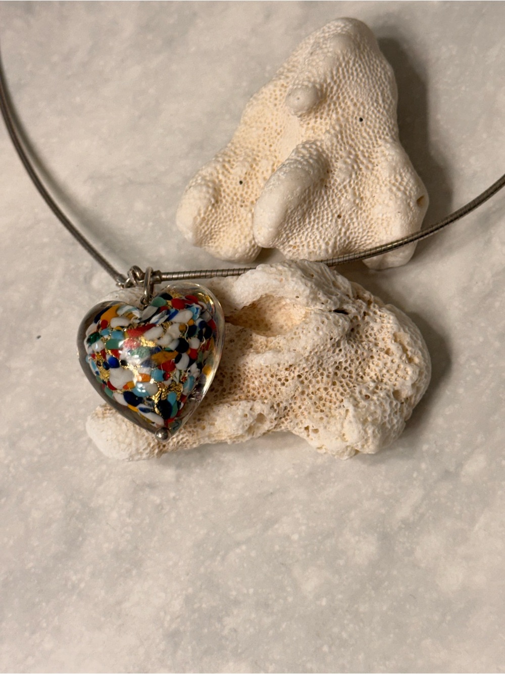 Murano Multicolor Confetti Puff Heart Pendant on a Silver 18” Necklace - Picture 2 of 9